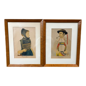 Pair of Vintage Kurt Wirth "Costumes Suisses" Lithographs – Mid-Century Modern Folk Art in Bird's Eye Maple Frames