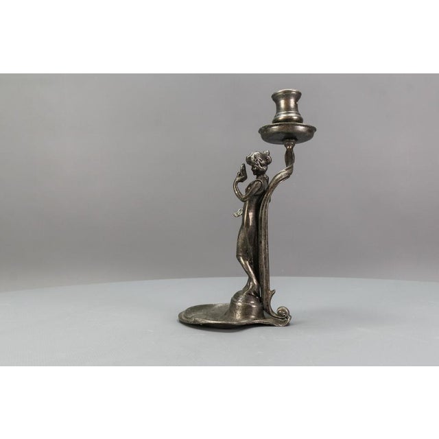 French Art Nouveau Pewter Candlestick with Lady Sculpture, 1920s For Sale - Image 14 of 18