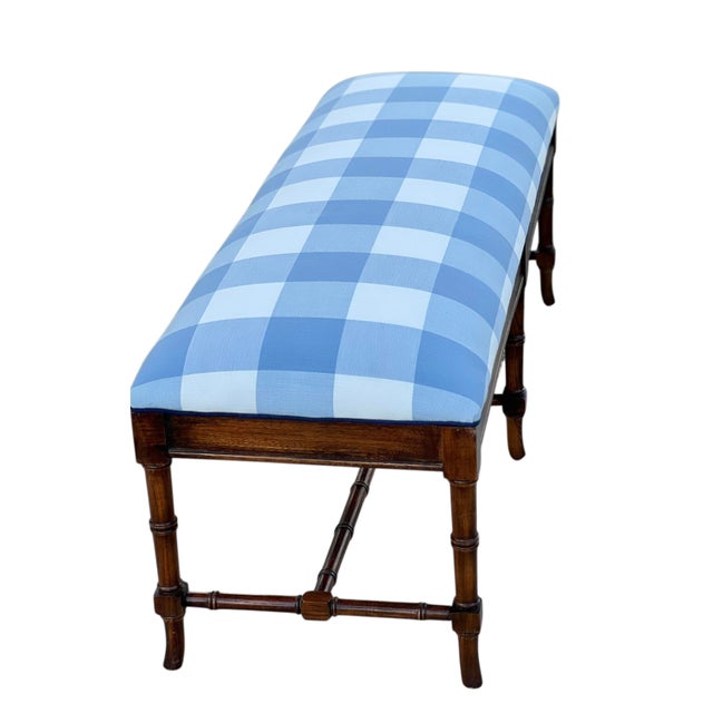 Solid faux bamboo hardwood frame with traditional center spreader. New Serena & Lily perennials upholstery in large scale...