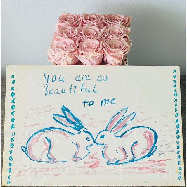 Original oil Romantic Rabbits sketch on canvas board.