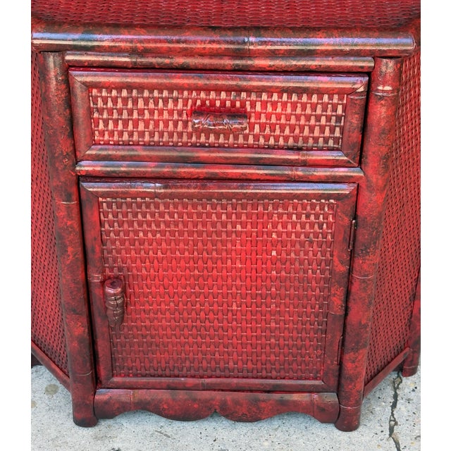 Vintage Bespoke Gabriella Crespi Style Cinnabar Red Faux Tortoiseshell Bamboo & Rattan Octagonal Side Table - Newly Painted For Sale In Mobile - Image 6 of 11