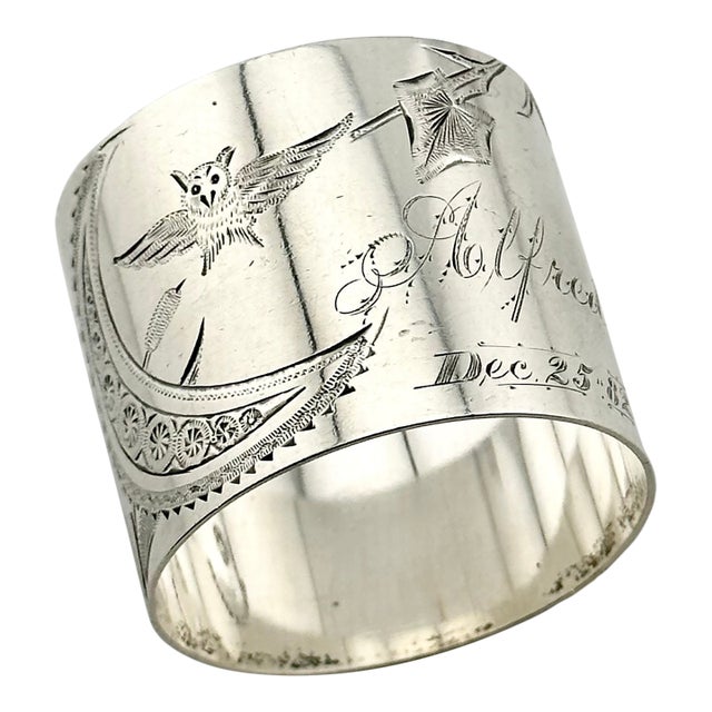 Antique American Hand Engraved Christmas 1882 Sterling Silver Owl & Butterfly Napkin Ring for "Alfred" For Sale
