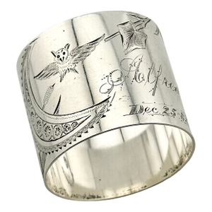 Antique American Hand Engraved Christmas 1882 Sterling Silver Owl & Butterfly Napkin Ring for "Alfred"