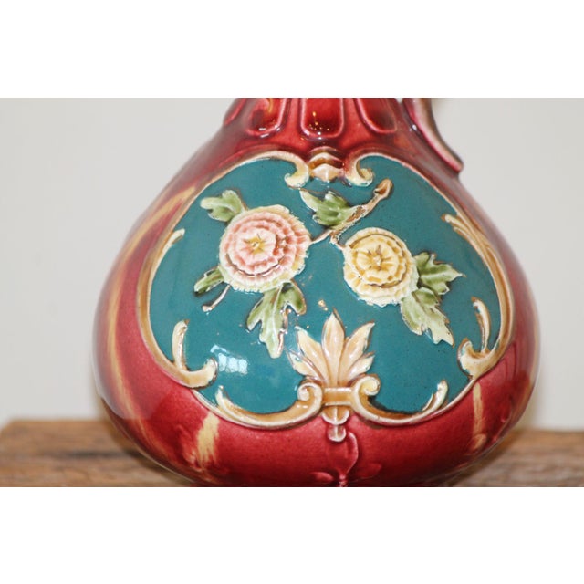 Art Nouveau Pretty Antique English Art Nouveau 8" Porcelain Majolica Ewer Pitcher For Sale - Image 3 of 6