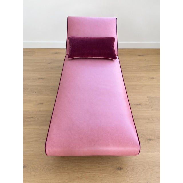 Mid Century Modern Chaise With Adjustable Head Rest. Freshly Reupholstered in Pink Leather Accented With Cherry Mohair Welting. For Sale In New York - Image 6 of 7