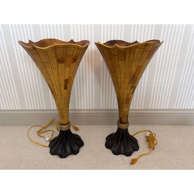 Elegant Art Deco or Nouveau-style torchiere tabletop lamps, bellflower or trumpet-shaped uplighter. Base with dark bronze...