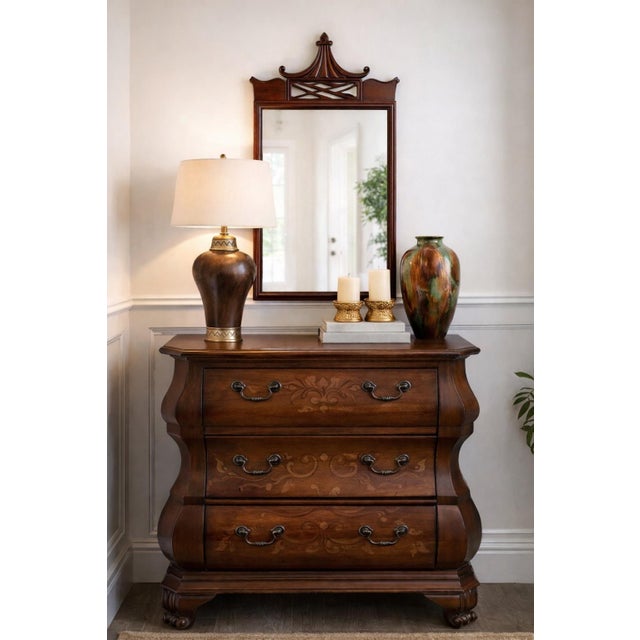 Late 20th Century Vintage Pulaski Bombe-Style Accent Chest With Hand-Painted Motif – 3 Drawer Traditional Chest, Curved Case Furniture For Sale - Image 5 of 7