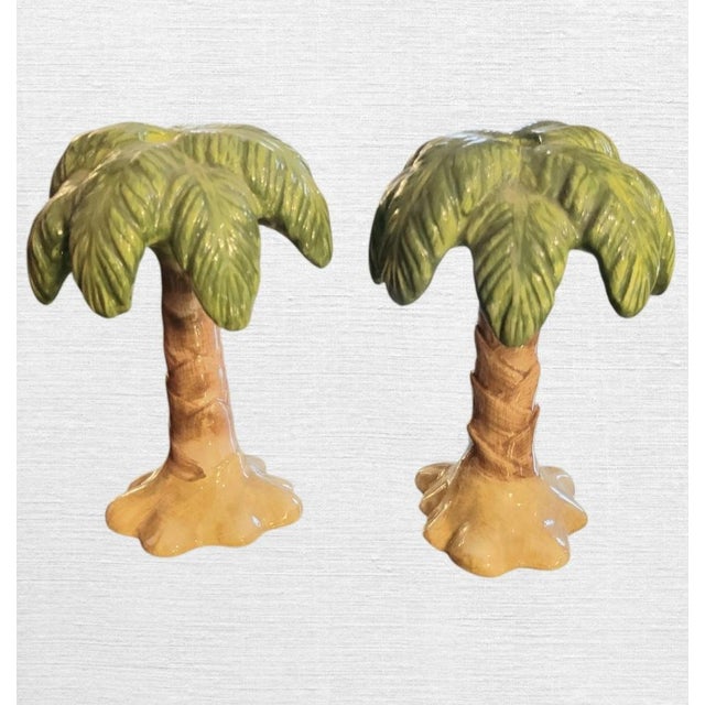 Chelsea House Inc Vintage Ceramic Tropical Palm Tree Taper Candle Holders- A Pair For Sale - Image 4 of 6
