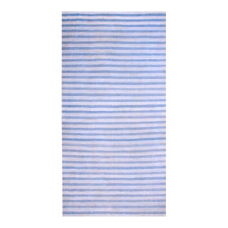 1940s Blue White Stripe Antique Indian Dhurrie Rug 7' 6"x 15' 9" Flatweave Cotton Carpet For Sale