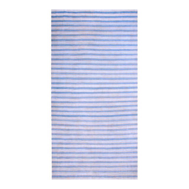 1940s Blue White Stripe Antique Indian Dhurrie Rug 7' 6"x 15' 9" Flatweave Cotton Carpet For Sale