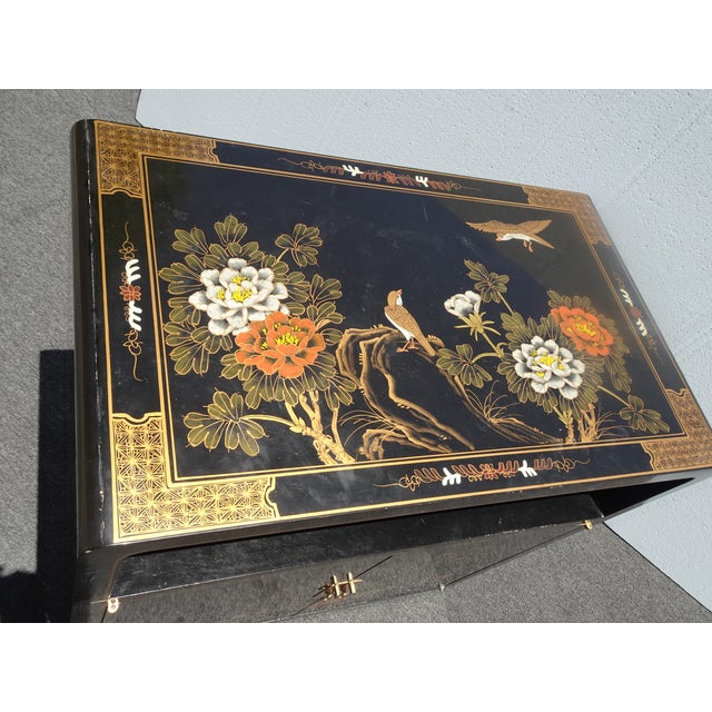Vintage Chinese Asian Chinoiserie Floral Cabinet ~ Black Lacquered Side Table For Sale - Image 13 of 15