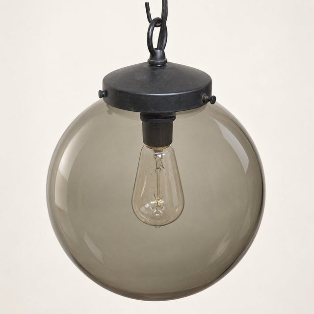 1970s Mid Century Modern Smoked Glass Globe Pendant Light, Black Metal, Ceiling Fixture For Sale - Image 9 of 13
