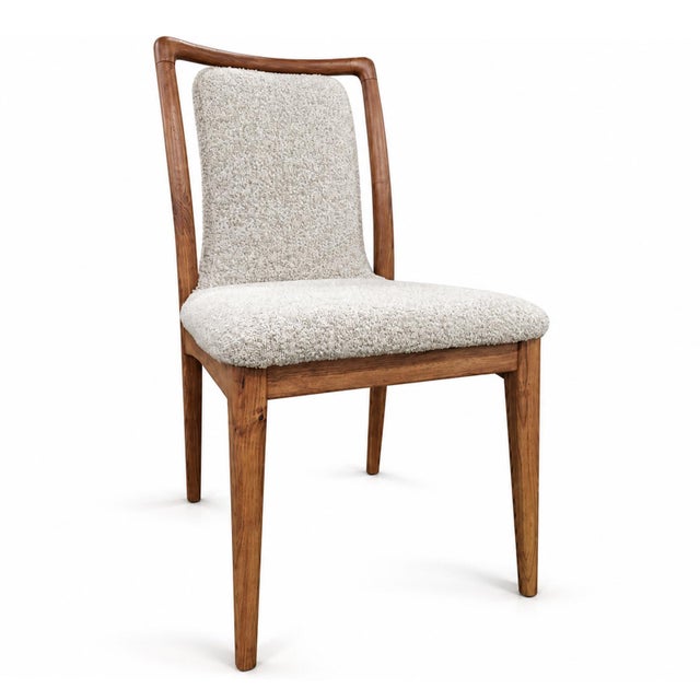 Midcentury inspired smooth wood frame dining chair with light grey and cream upholstered seat and floating back. Seat...