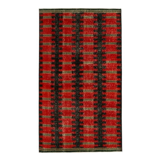 Vintage Zeki Müren Rug in Red and Black Geometric Pattern, by Rug & Kilim For Sale