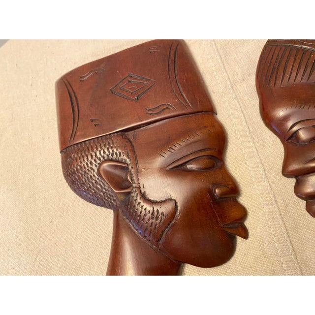 African Carved Hardwood African Man Woman Wall Art For Sale - Image 3 of 6