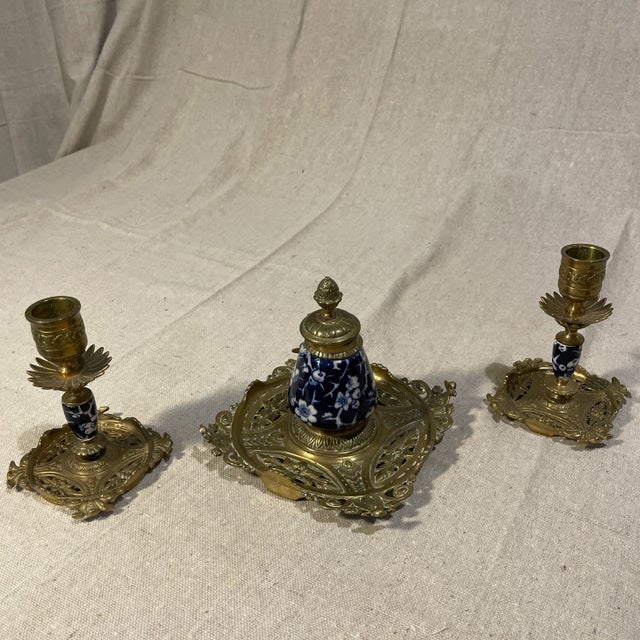 Late 19th Century Late 19th Century English Brass & Porcelain Renaissance Revival Inkwell For Sale - Image 5 of 5