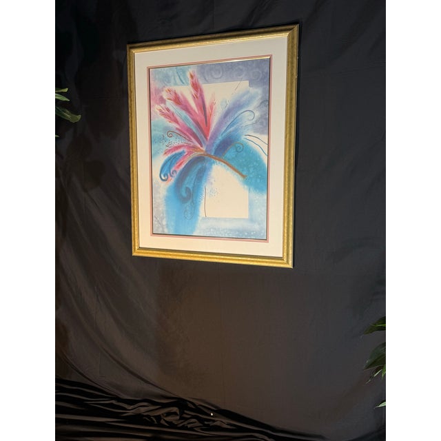 Vintage Framed Abstract Floral Artwork in Blue, Teal and Pink With Gold Frame - Signed For Sale - Image 4 of 10