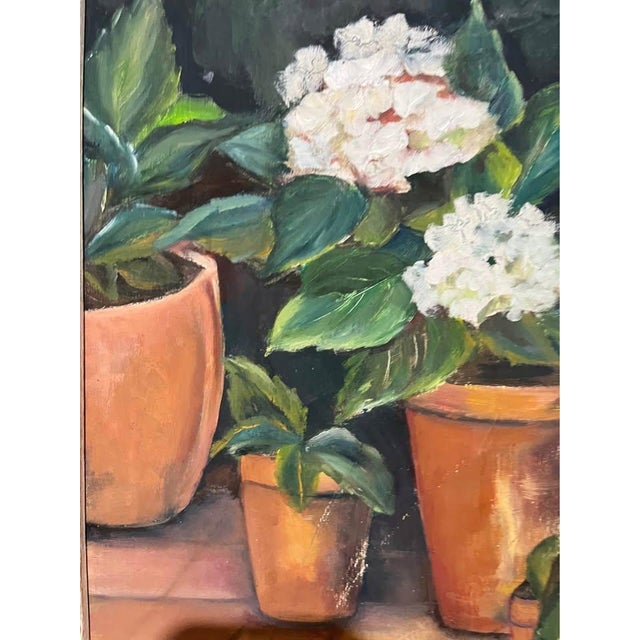 Early 21st Century White Hydrangeas in Terracotta Pots (Original Oil, Likely, on Board) For Sale - Image 5 of 6