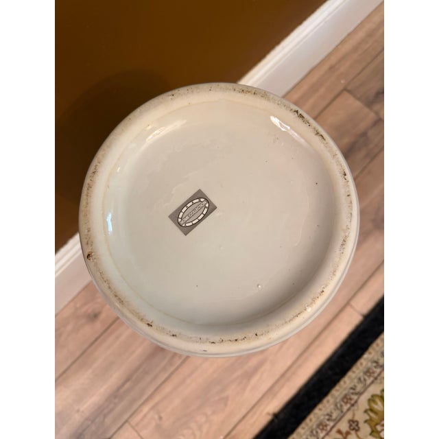 White Vintage Ethan Allen 24" Chinoiserie Blue & Pink Umbrella Stand With Silver Trim For Sale - Image 8 of 9