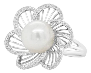 14K White Gold 11mm Round Pearl and 1/3 Cttw Round Diamond Openwork Flower Blossom Ring (H-I Color, VS1-VS2 Clarity) - Size 7