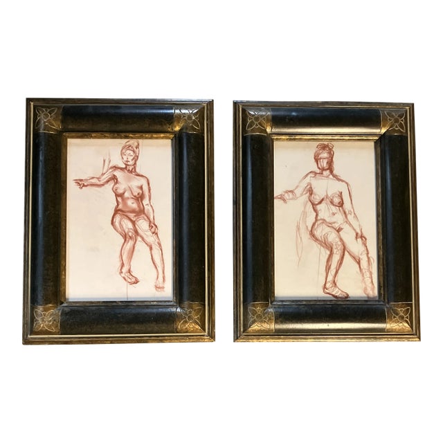 1950’s 2 Original Sepia Female Nude Study Drawings Ornate Vintage Frames-A Pair For Sale