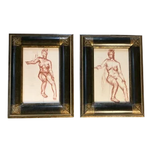 1950’s 2 Original Sepia Female Nude Study Drawings Ornate Vintage Frames-A Pair