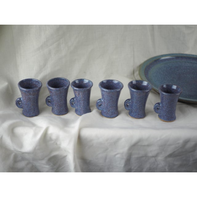 Late 20th French Cottage Blue Ceramic Liquor Set - One Decanter, Six Goblets, One Plate- 8 Pieces For Sale - Image 12 of 12