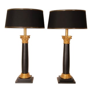 Vintage Italian Table Lamps Corinthian Column Lamps Black Gold Wood Hand Carved - A Pair For Sale