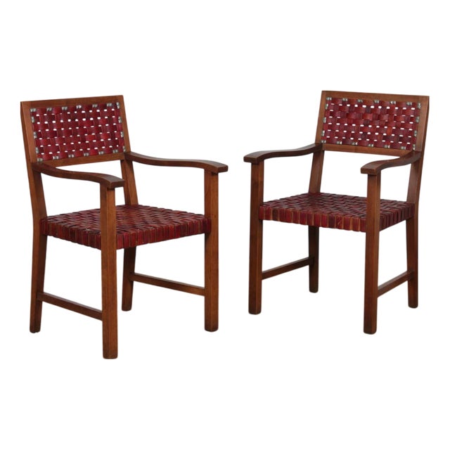 Vintage Bridge Chairs in Wood and Leather, 1950s, Set of 2 For Sale