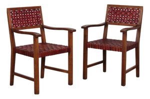 Vintage Bridge Chairs in Wood and Leather, 1950s, Set of 2