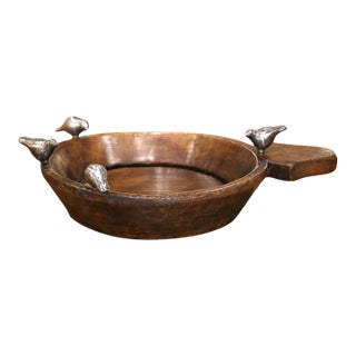 Vintage Jan Barboglio Hand-Carved Wood Bowl With Cast Iron Birds For Sale