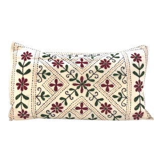 Green & Red Embroidery Floral Indian Long Bolster Pillow For Sale