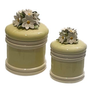 Vintage Japanese Capodimonte Style Celadon Floral Canisters - Pair For Sale