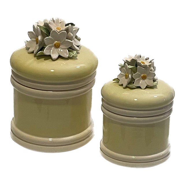 Vintage Japanese Capodimonte Style Celadon Floral Canisters - Pair For Sale