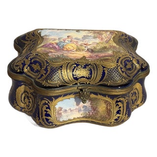 1860s Sevres Rococo Blue Gilt Porcelain Jewelry Box For Sale