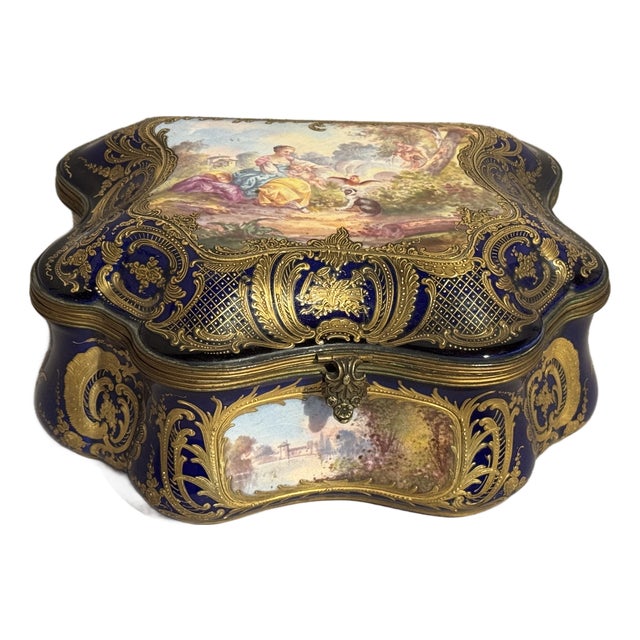 1860s Sevres Rococo Blue Gilt Porcelain Jewelry Box For Sale
