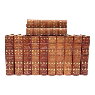 Vintage Brown Leather Gold Gilt Decorative Books the Waverley Novels Sir Walter Scott - 12 Volume Set For Sale