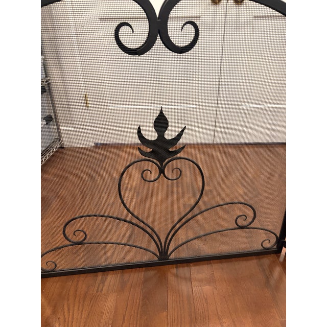 Vintage Hand-Forged Wrought Iron Fireplace Hearth Set: Contemporary 3-Piece Screen & Pair of Andirons For Sale - Image 10 of 12