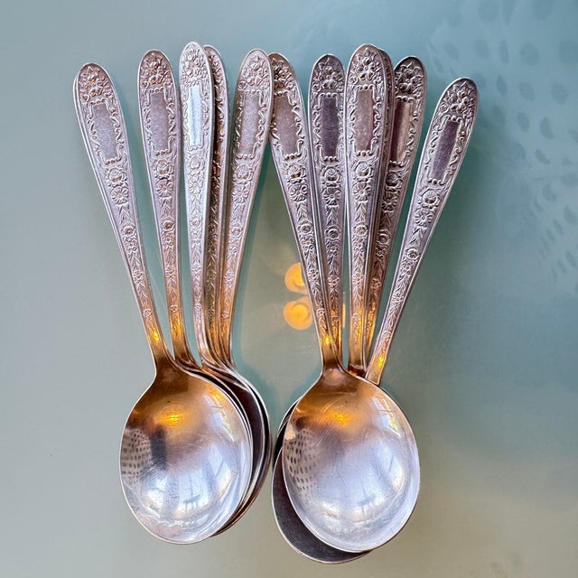 1930s Art Deco Bowl Soup Spoons (Gumbo) Mildred Silverplate, C1936 by National Silver Co 12 Pc Pruistine For Sale - Image 12 of 16