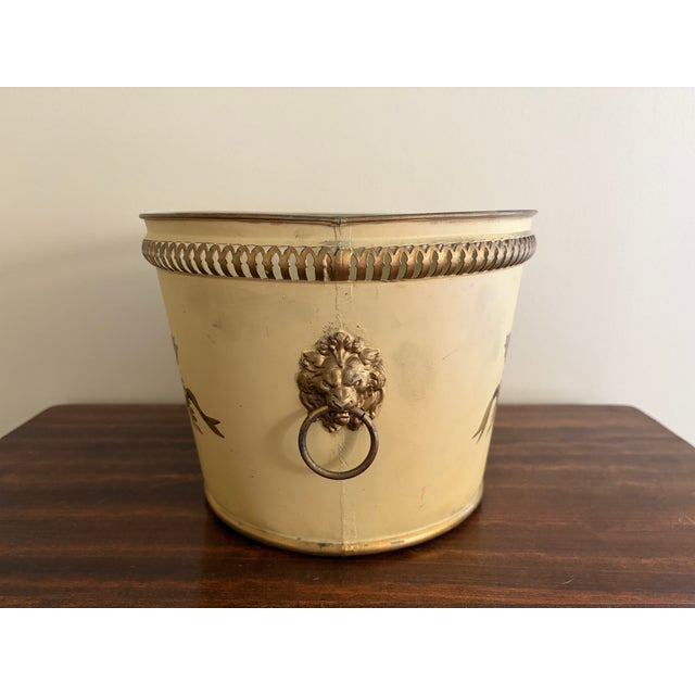 Antique French Neoclassical Yellow Tole Cachepot With Lion-Head Handles For Sale - Image 10 of 12