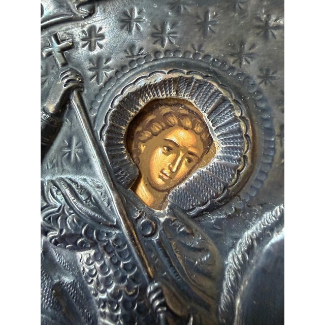 Vintage Greek Orthodox 950 Fine Silver Riza Icon of St. George For Sale - Image 9 of 16