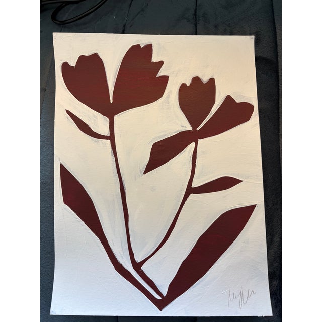 Striking and painterly dark red abstract botanical silhouette against a bright white background, on thick fine art paper,...