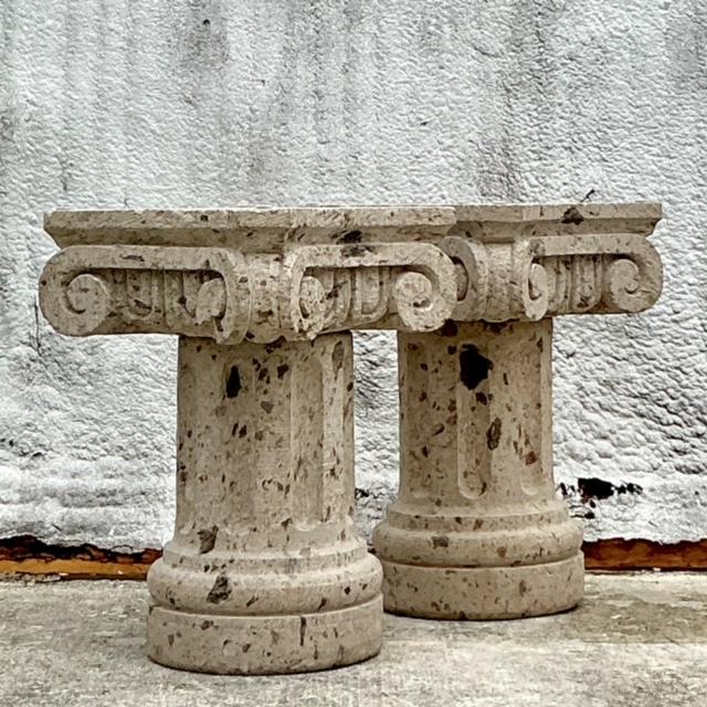 Ecru Vintage Boho Carved Sandstone Dining Table Pedestals - Set of 2 For Sale - Image 8 of 8