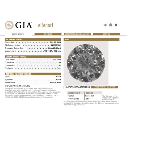 Metal Gia 1.70 Carat Round Brilliant Cut Diamond 18k White Gold Engagement Ring, Size 9 For Sale - Image 7 of 7