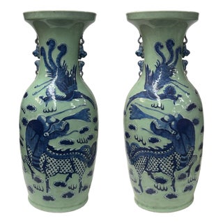 Pair Chinese Light Celadon Blue Kirin Graphic Tall Porcelain Art Vases For Sale