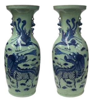 Pair Chinese Light Celadon Blue Kirin Graphic Tall Porcelain Art Vases