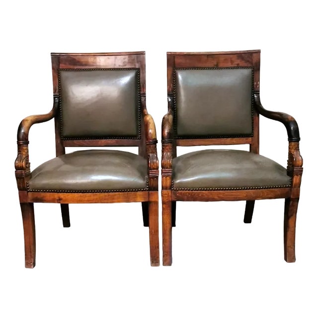Antique French Charles X Style Master Chairs in Wood and Cuoio, 1830s, Set of 2 For Sale