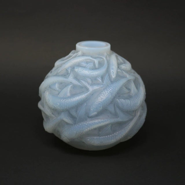 Rene Lalique Opalescent Glass 'Oleron' Vase. This pattern features fish. Grey staining to the details. Engraved makers...