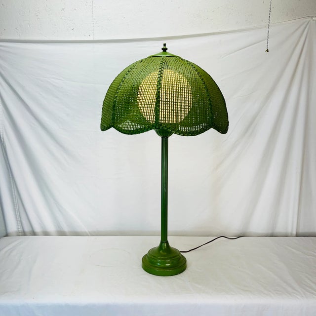 Mid-Century Modern Mid Century Modern Metal Lamp With Scalloped Bottom Wicker Shade For Sale - Image 3 of 7
