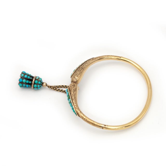 Metal Late 19th Century Victorian 18k Yellow Gold Turquoise Charm Bangle For Sale - Image 7 of 10